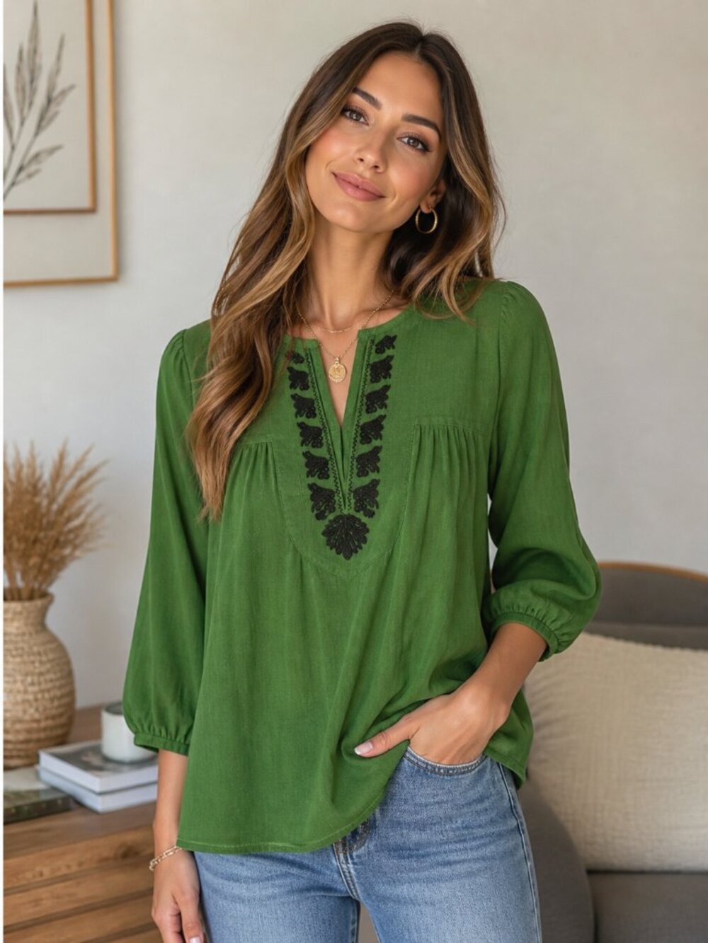 Ultra Pink Green Peasant Blouse with Black Embroidery
